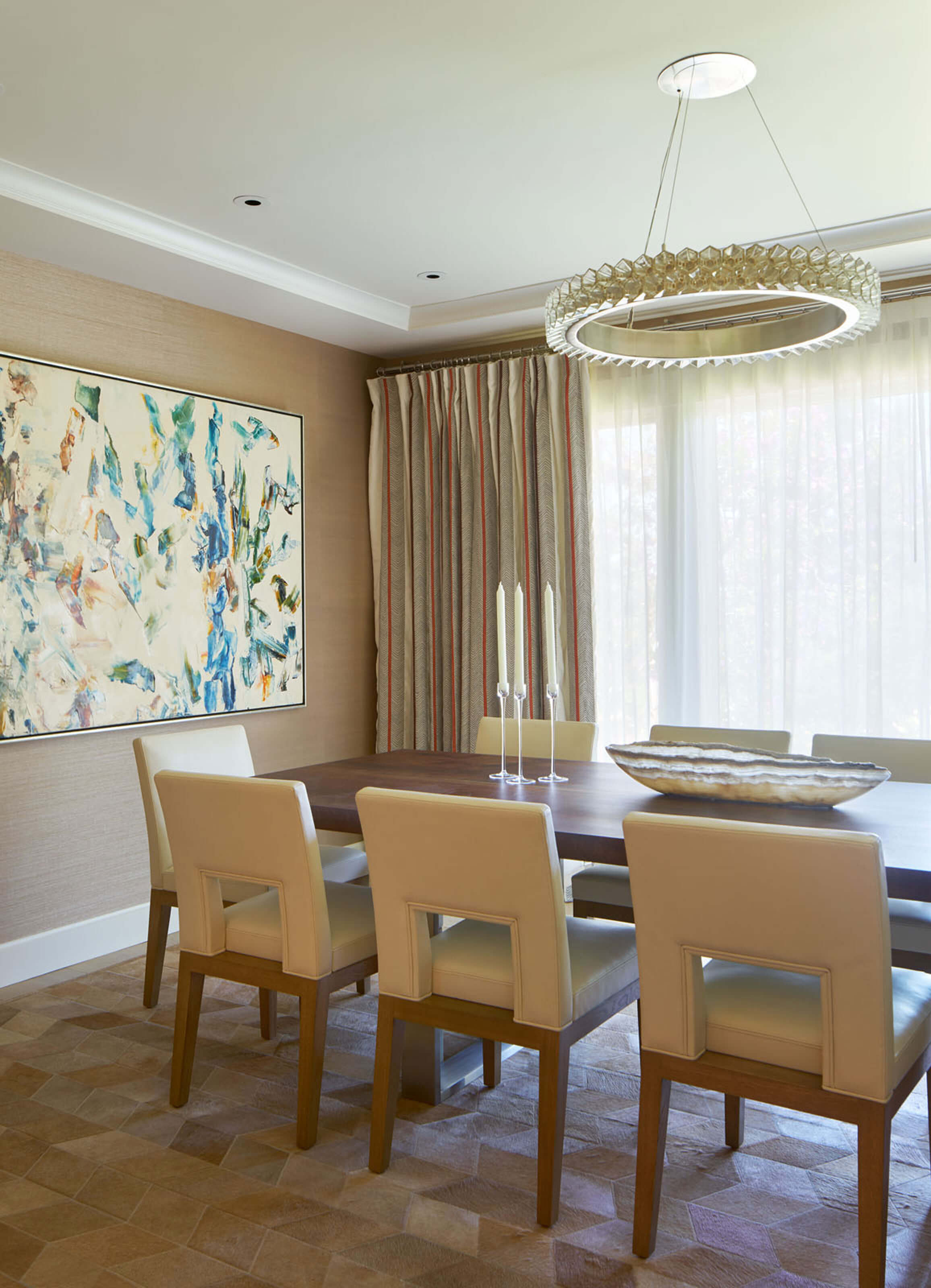 Black Mountain residence: updated Dining Room with grass cloth wall covering, a slab walnut table, and creamy leather chairs