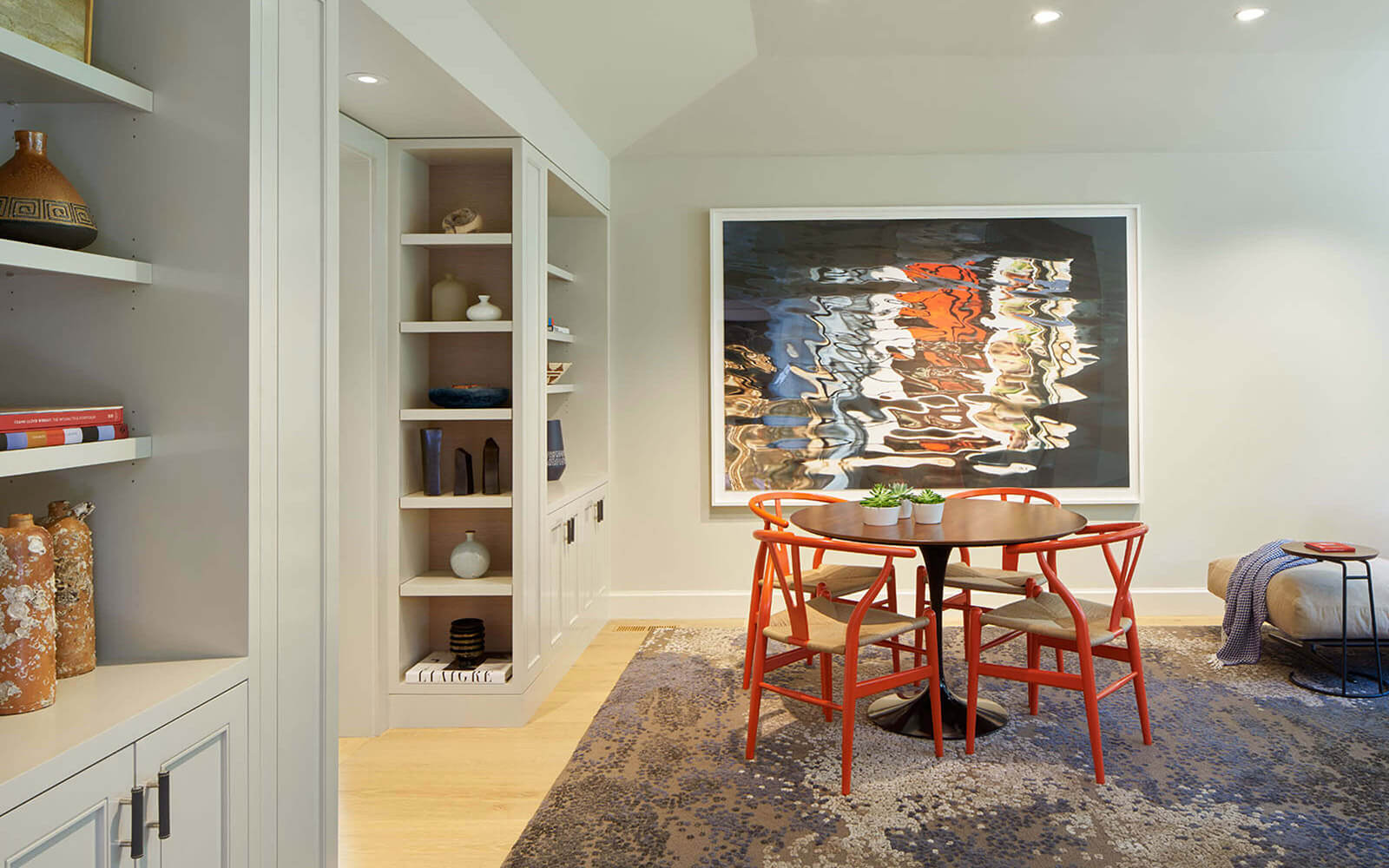 Black Mountain residence: updated Dining Room with grass cloth wall covering and a slab walnut table